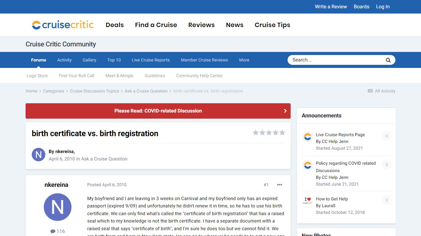 birth certificate vs. birth registration - Ask a Cruise Question ...